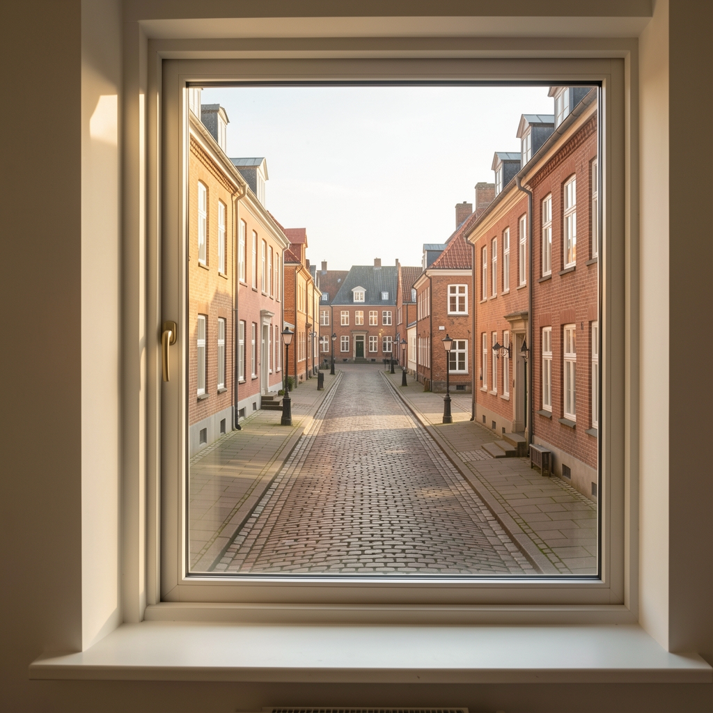 Københavnsk gade set fra et stille kontorvindue i eftermiddagslys